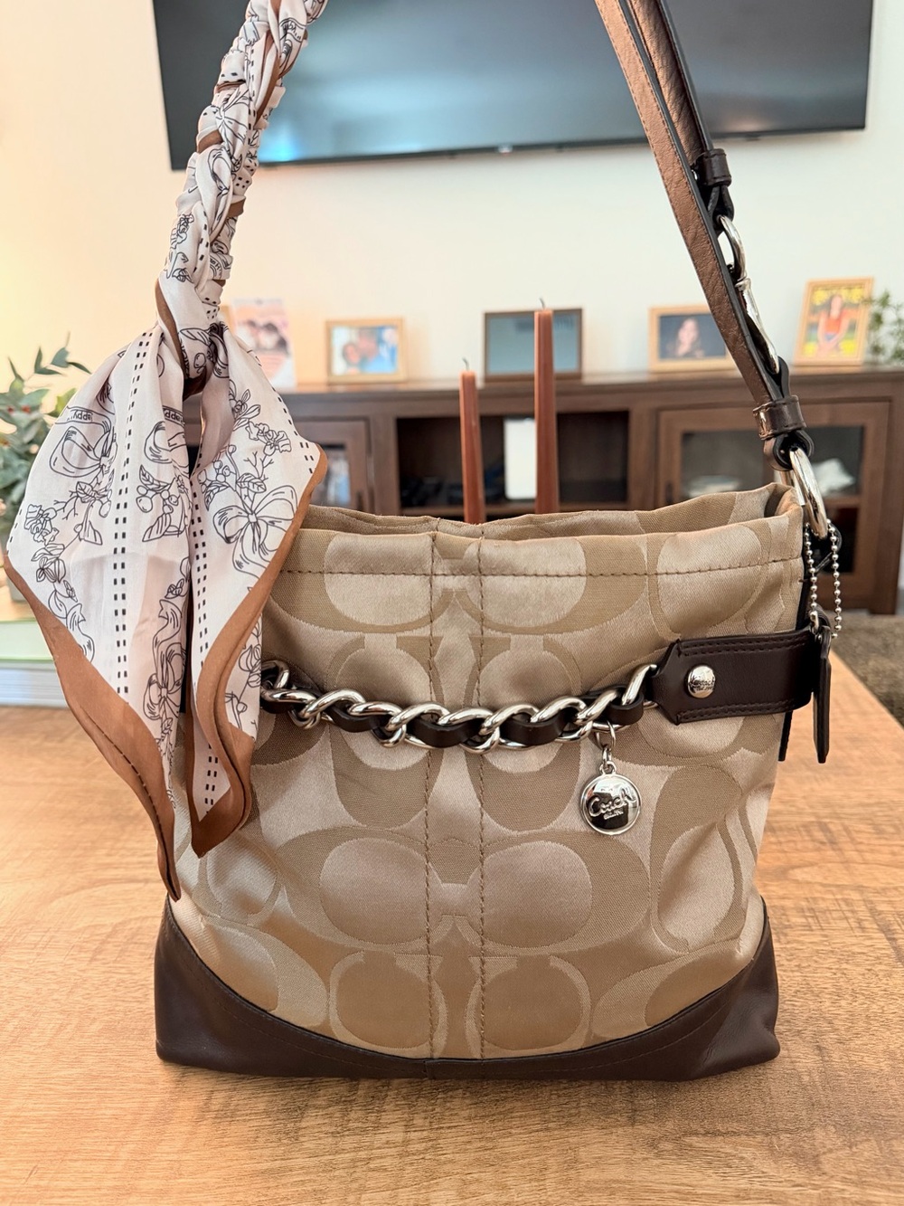 Y2K Aesthetic Coach Beige Signature Sateen Shoulder Bag with Brown Leather Trim